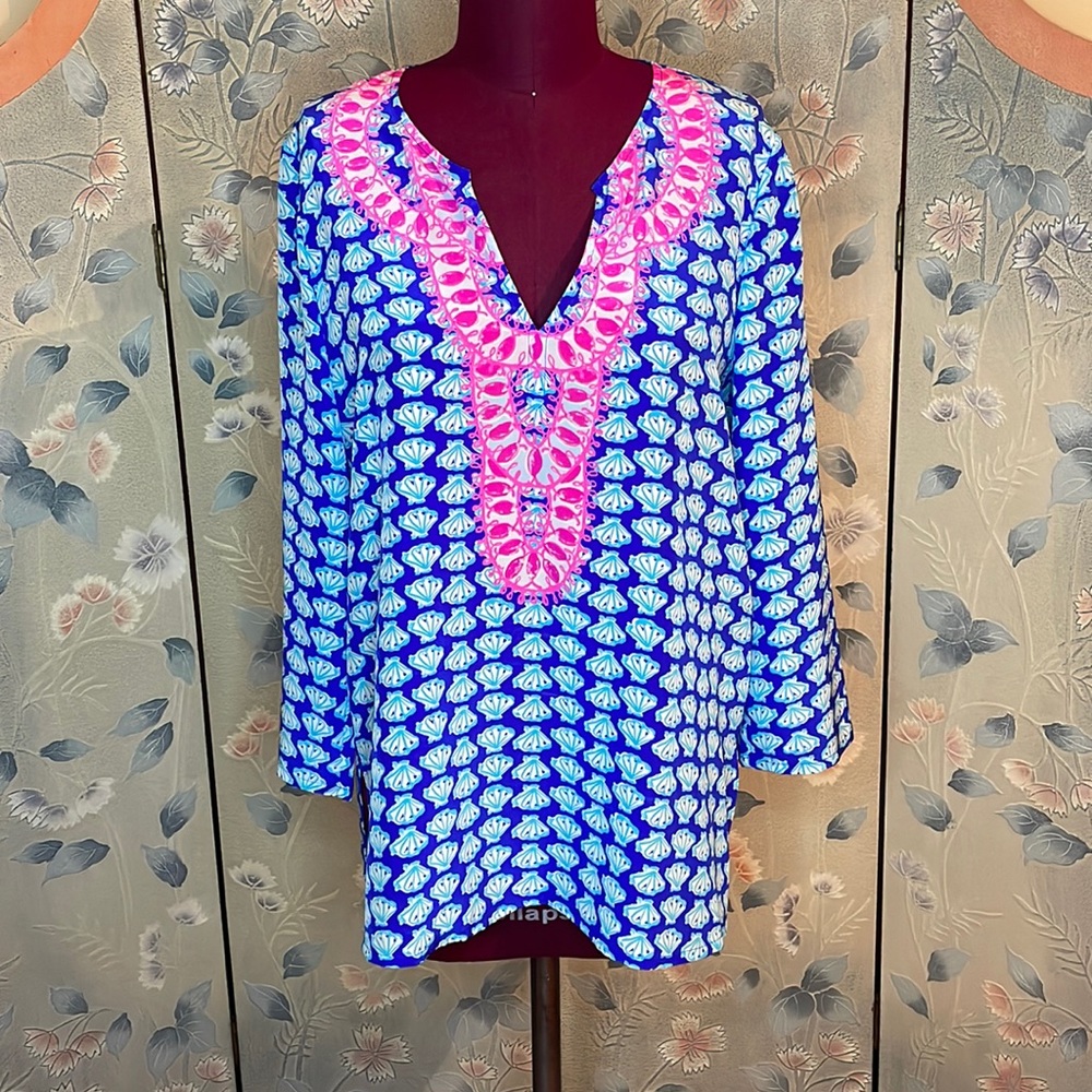 Lilly Pulitzer Renato Silk Tunic Brilliant Blue Tripped Out Dinner in size L